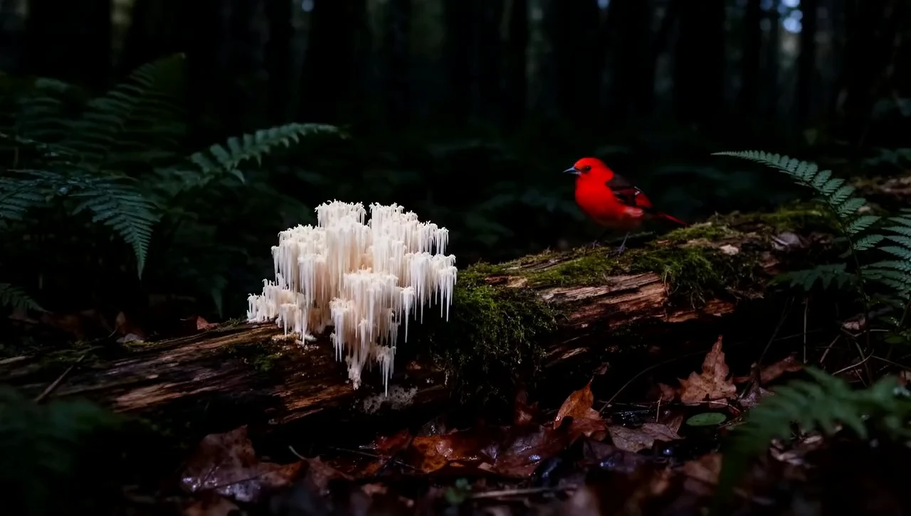 A male scarlet tanager perched on a mossy fallen log beside a wild Lion's Mane fruiting on the Appalachian forest floor